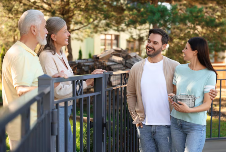 Neighbors discussing community boundaries respectfully.